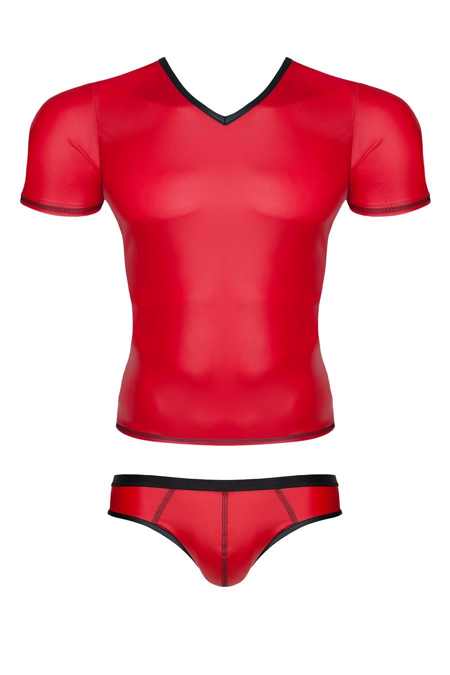 Set bărbătesc wetlook, tricou cu decolteu în V și chiloți brazilieni, roșu S Regnes