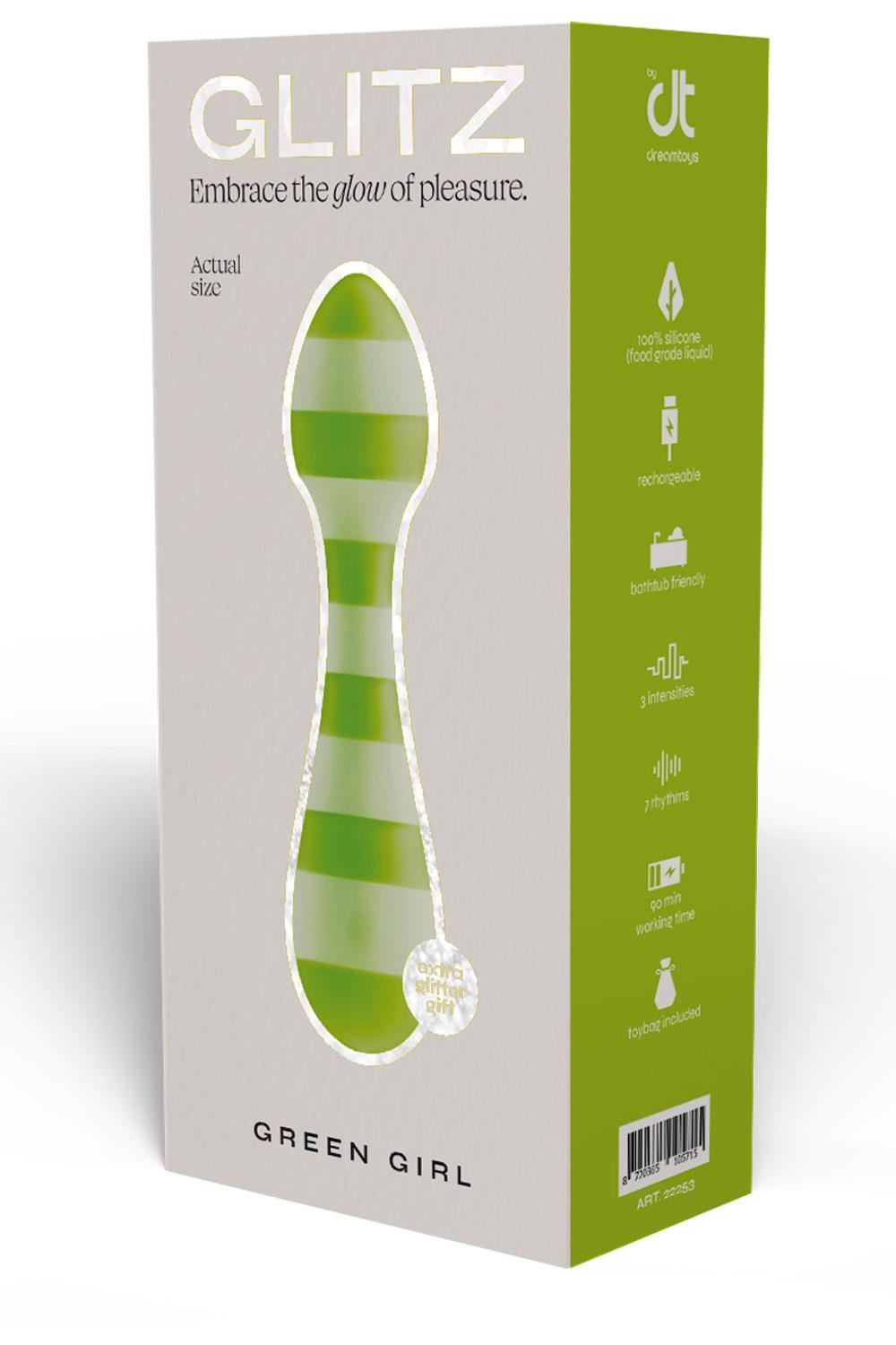 Vibrator cu baghetă Glitz Green Girl, verde, USB, 14,5 cm
