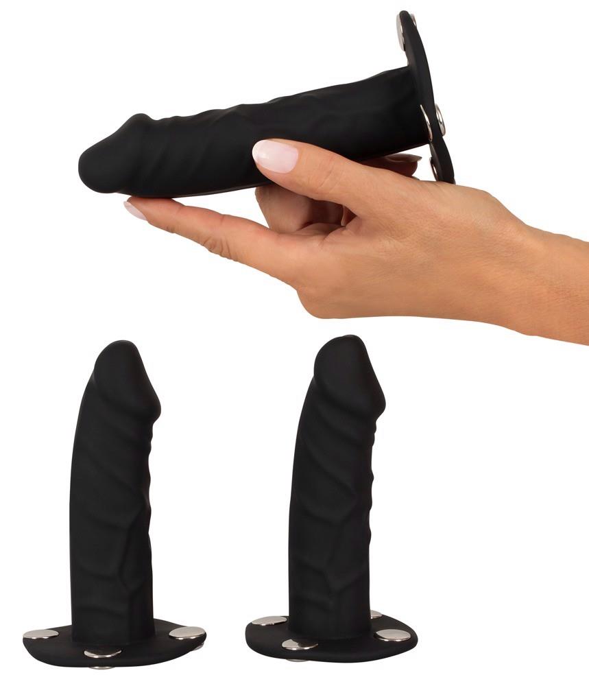 Strap-on Bad Kitty cu trei dildo-uri din silicon S/M