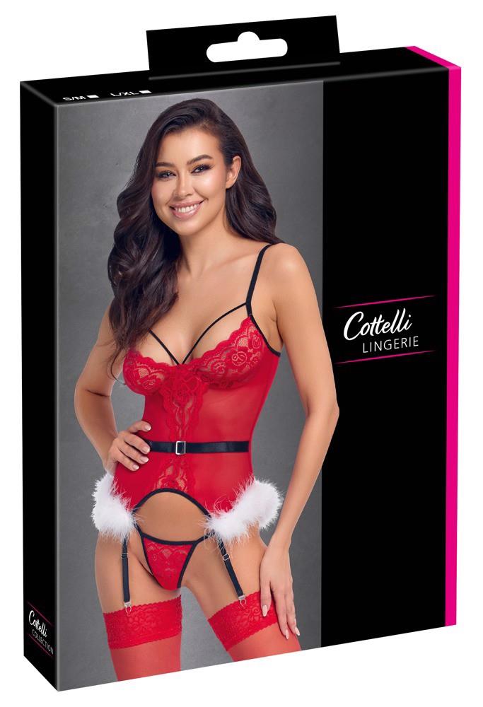 Corset basc roșu Cottelli L/XL cu tanga și pene