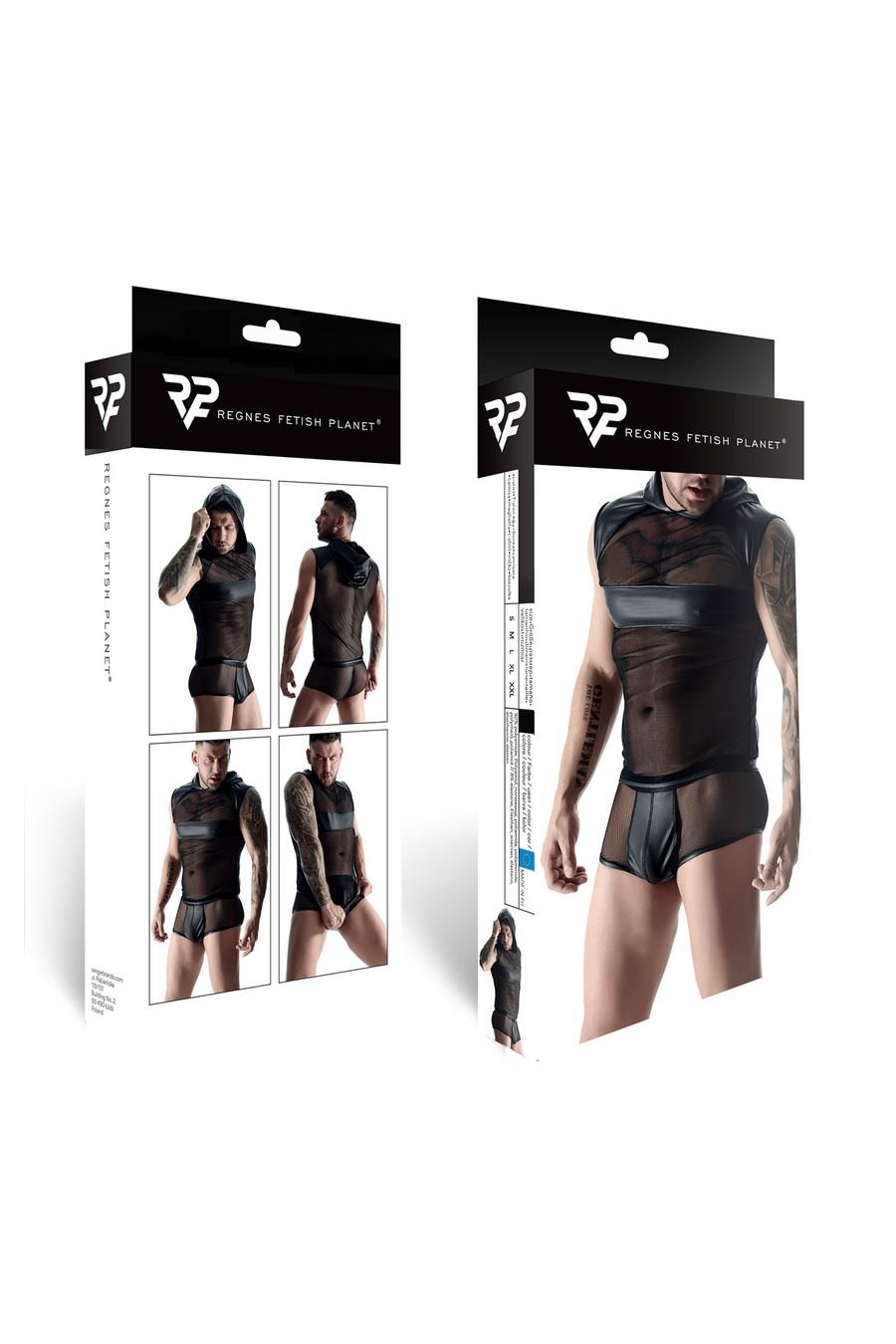 Set de haine Regnes Fetish Planet pentru bărbați, cu glugă, din plasă, negru, S