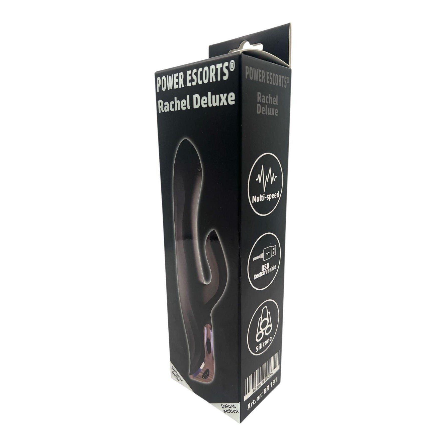 Vibrator Rachel Deluxe Power Escorts Bunny, silicon negru, USB, 23 cm