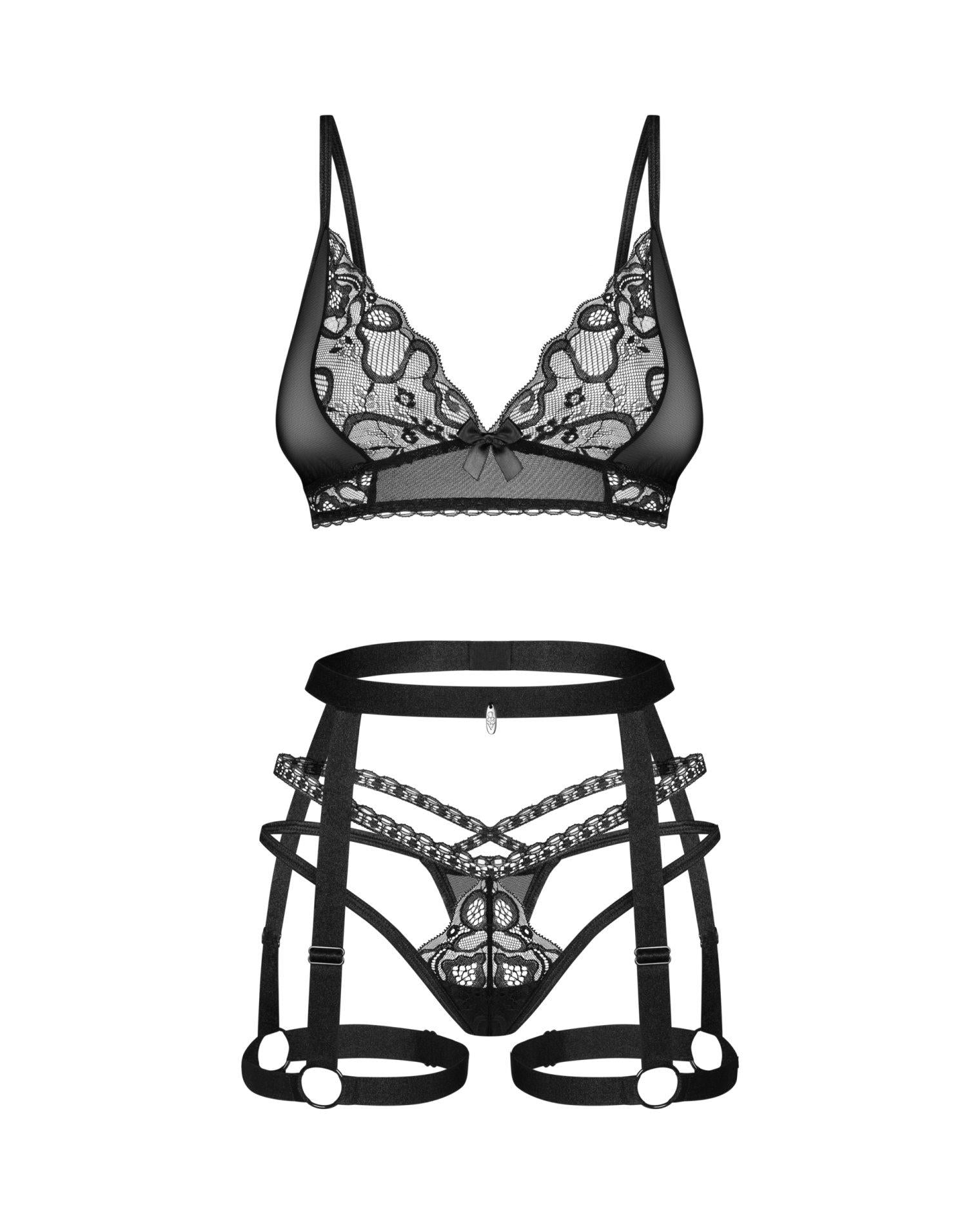 Set de lenjerie intimă Obsessive Blomentis, 3 piese, negru, XL/2XL