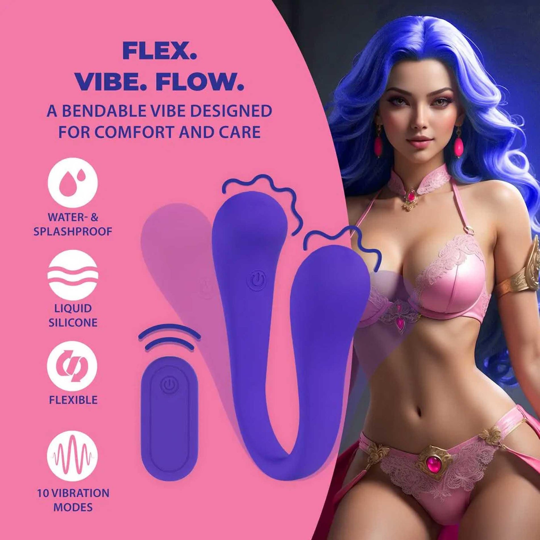 Vibrator Loveline flexibil din silicon cu două fețe și telecomandă, violet, 23 cm
