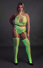 Au! Set lenjerie intimă cu top scurt neon și ciorapi XL/XXXXL