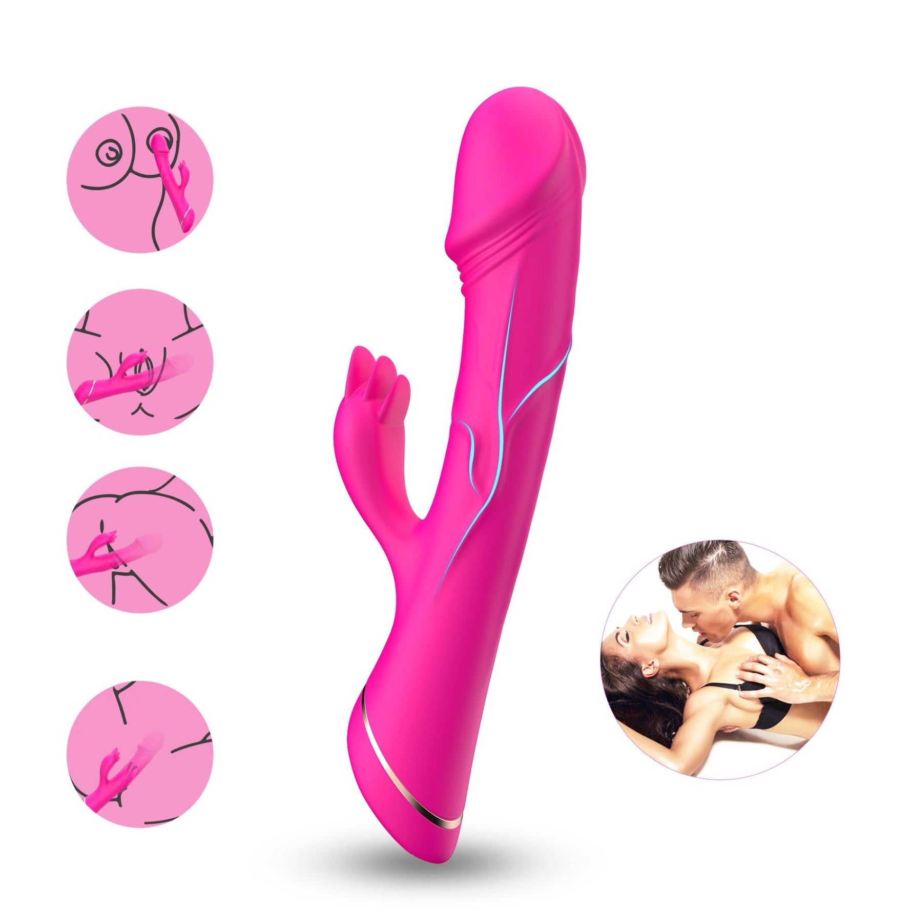 Vibrator iepure Rubberco, silicon, roz și roșu, 9 vibrații