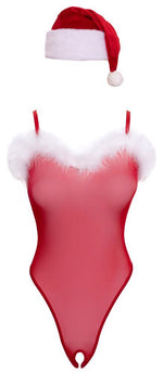 Body roșu Cottelli LINGERIE cu pene și pălărie, mărimea S/M