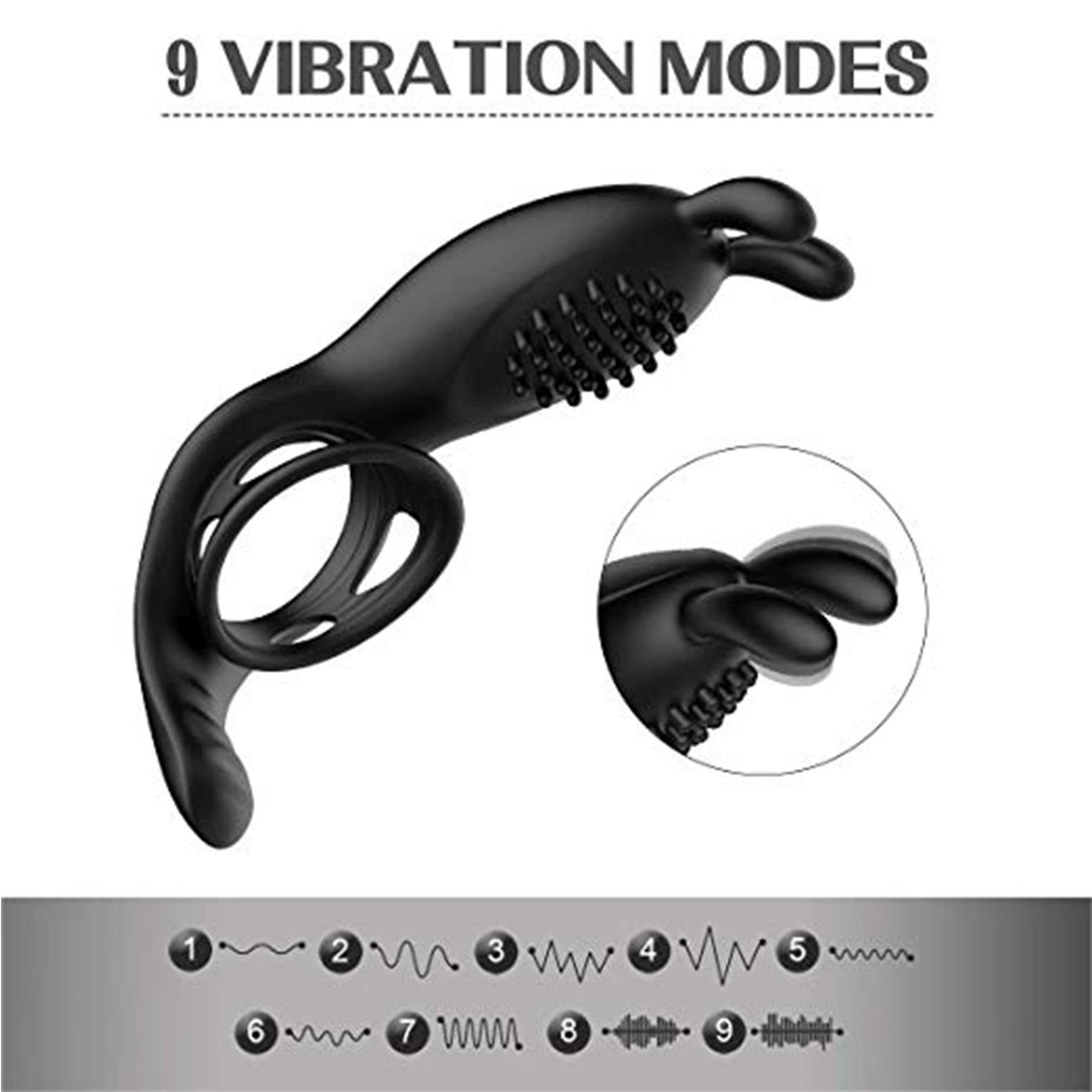 Inel vibrant pentru penis USB, drăguț, negru, din seria B, cu telecomandă, pentru iepurași