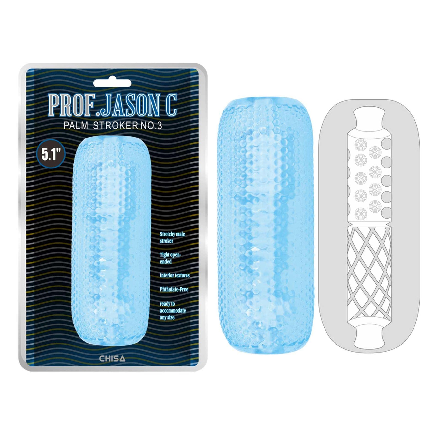 Masturbator manual Prof. Jason C nr. 3 cu caneluri, albastru, 12,5 cm