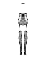 Body-ciorap din plasă cu motive vegetale Obsessive F240 negru XL XXL