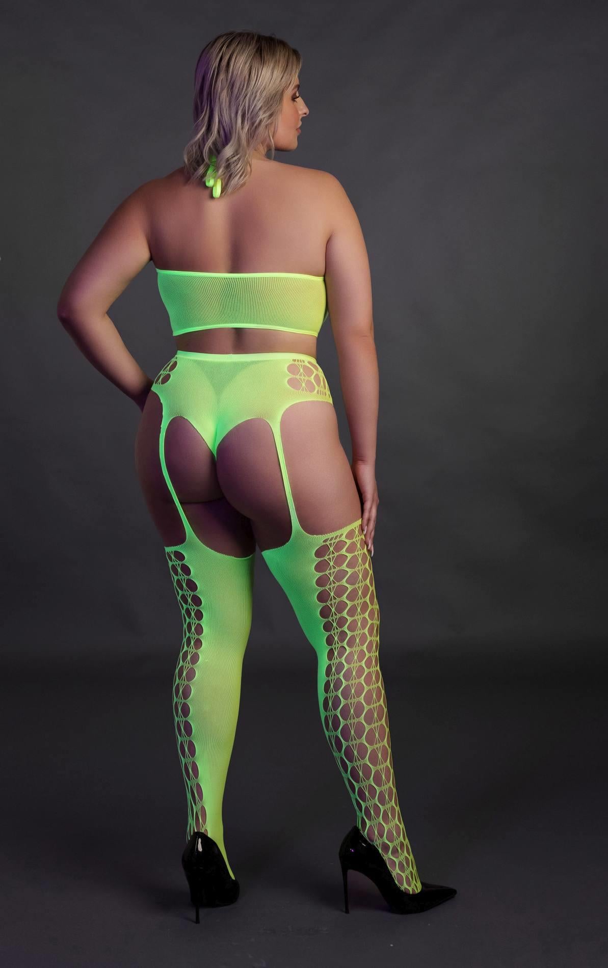 Au! Set lenjerie intimă cu top scurt neon și ciorapi XL/XXXXL