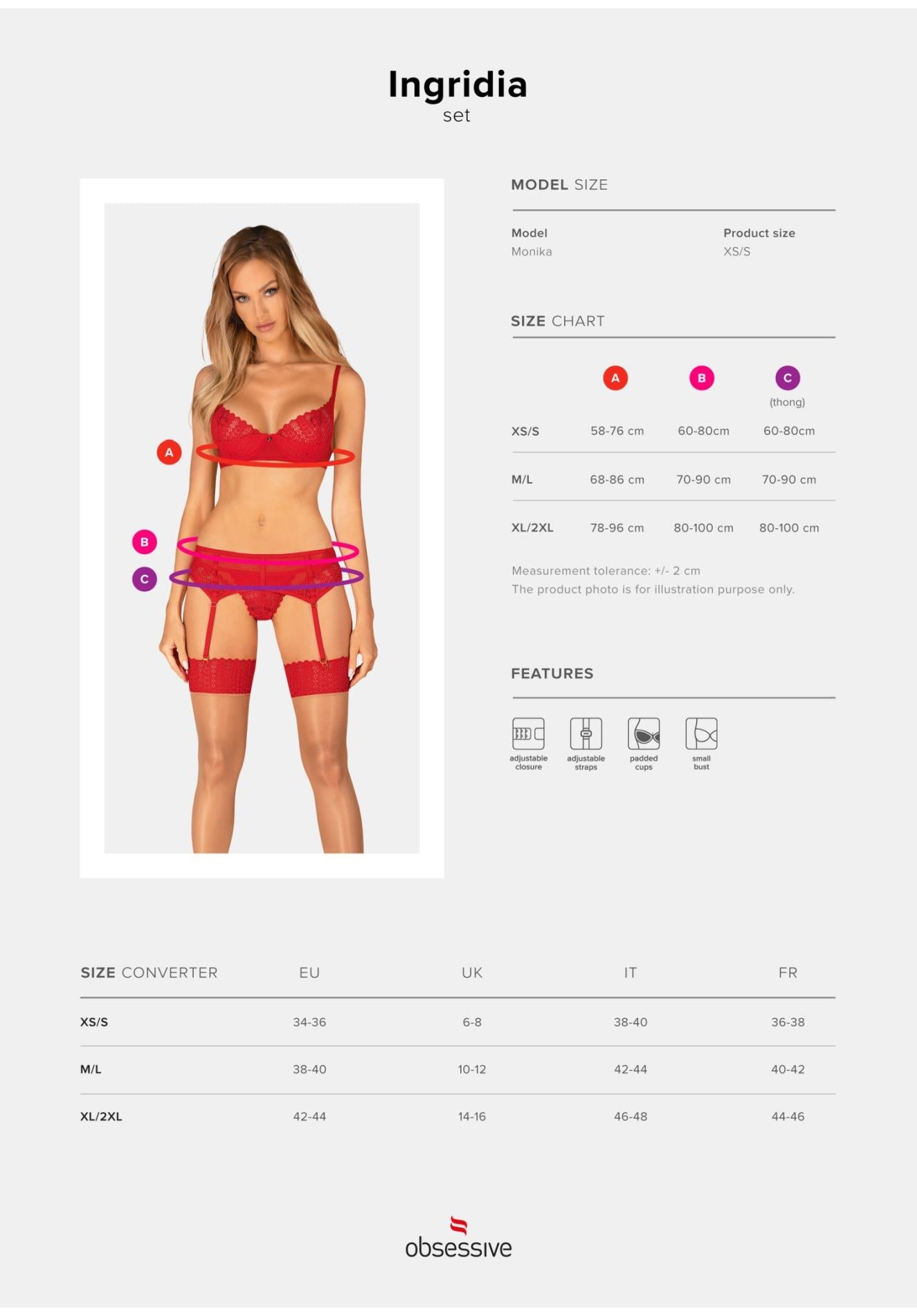 Set de lenjerie intimă Obsessive Ingridia, trei piese, roșu XS/S