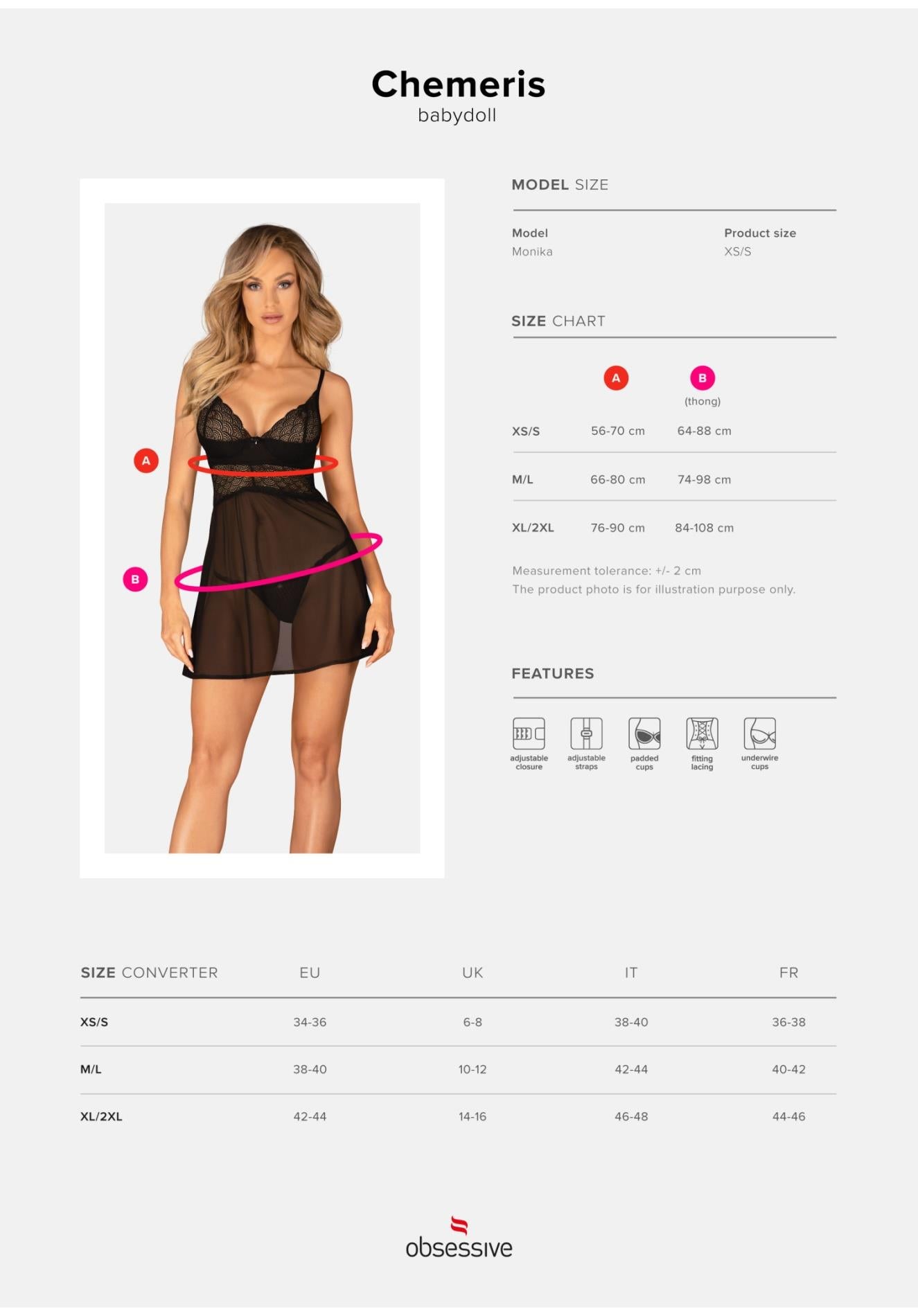 Babydoll și tanga Obsessive Chemeris din dantelă, negru, XL 2XL