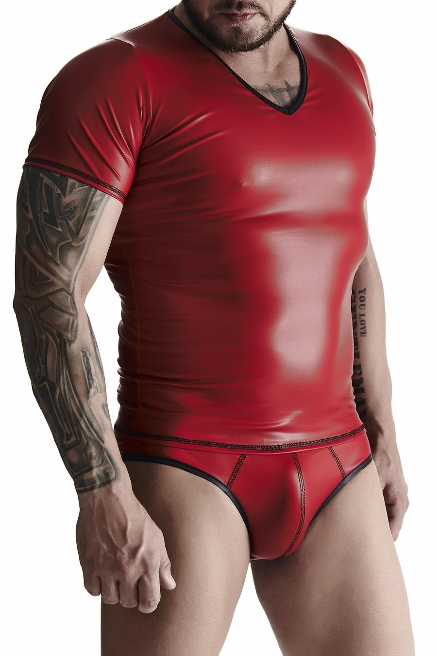 Tricou bărbătesc Regnes Fetish Planet wetlook cu guler în V, roșu, mărimea S
