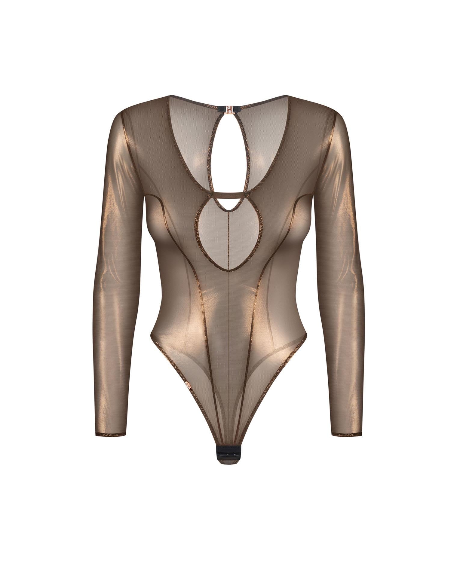 Body transparent cu mâneci lungi Soranna auriu Obsessive S/M