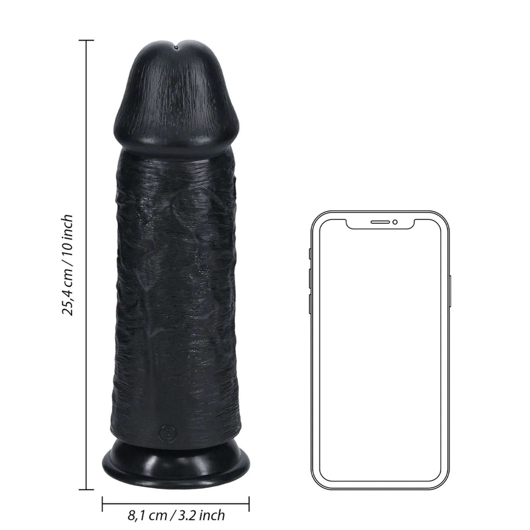 Dildo realist RealRock gros, drept, fără testicule, 25 cm, negru