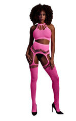 Set lenjerie intimă Ouch roz neon cu top și ciorapi XS/XL