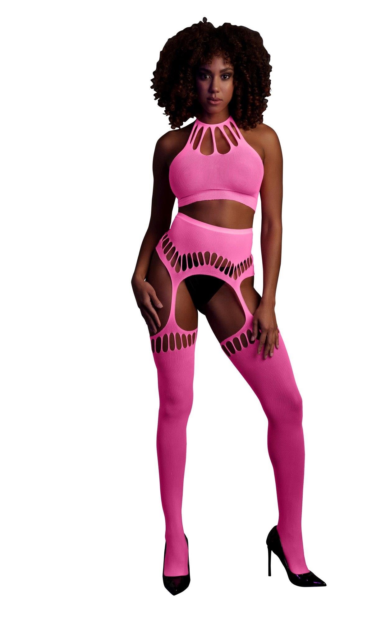 Set lenjerie intimă Ouch roz neon cu top și ciorapi XS/XL