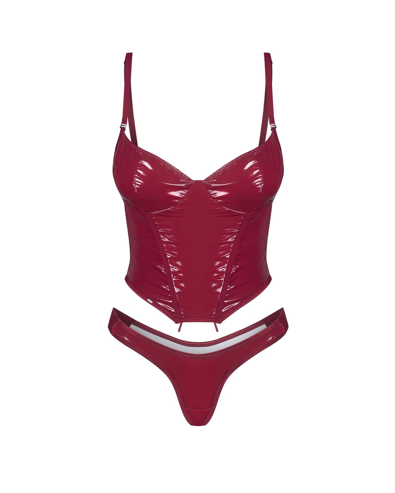 Corset Obsessive Redya L/XL din piele lăcuită lucioasă cu tanga