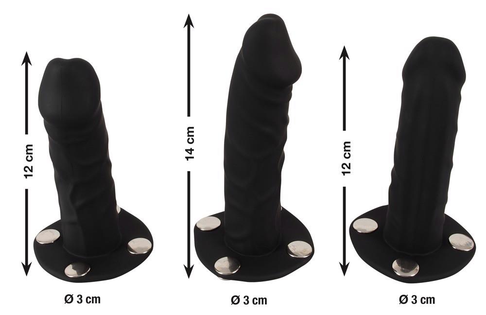 Strap-on Bad Kitty cu trei dildo-uri din silicon S/M