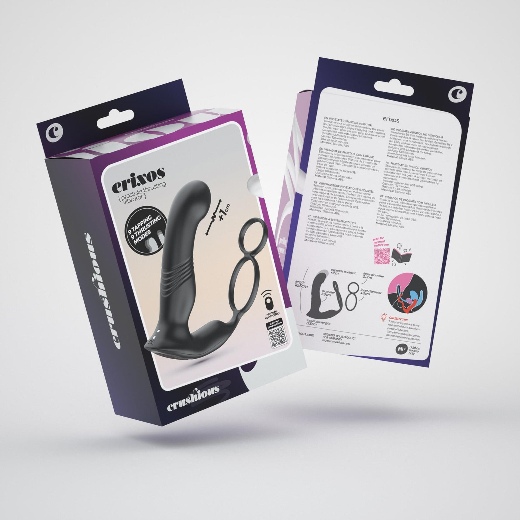 Aparat de masaj pentru prostată Crushious Erixos cu telecomandă, silicon, 16,5 cm