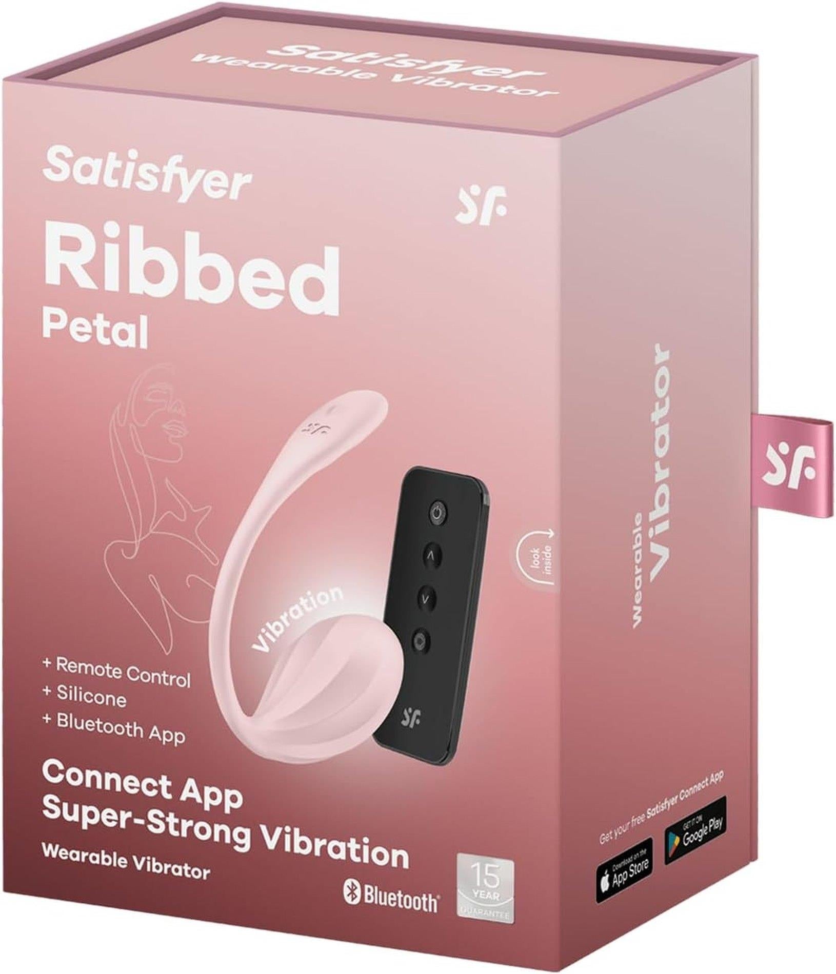 Ou vibrant Satisfyer Ribbed Petal, roz, USB, cu aplicație