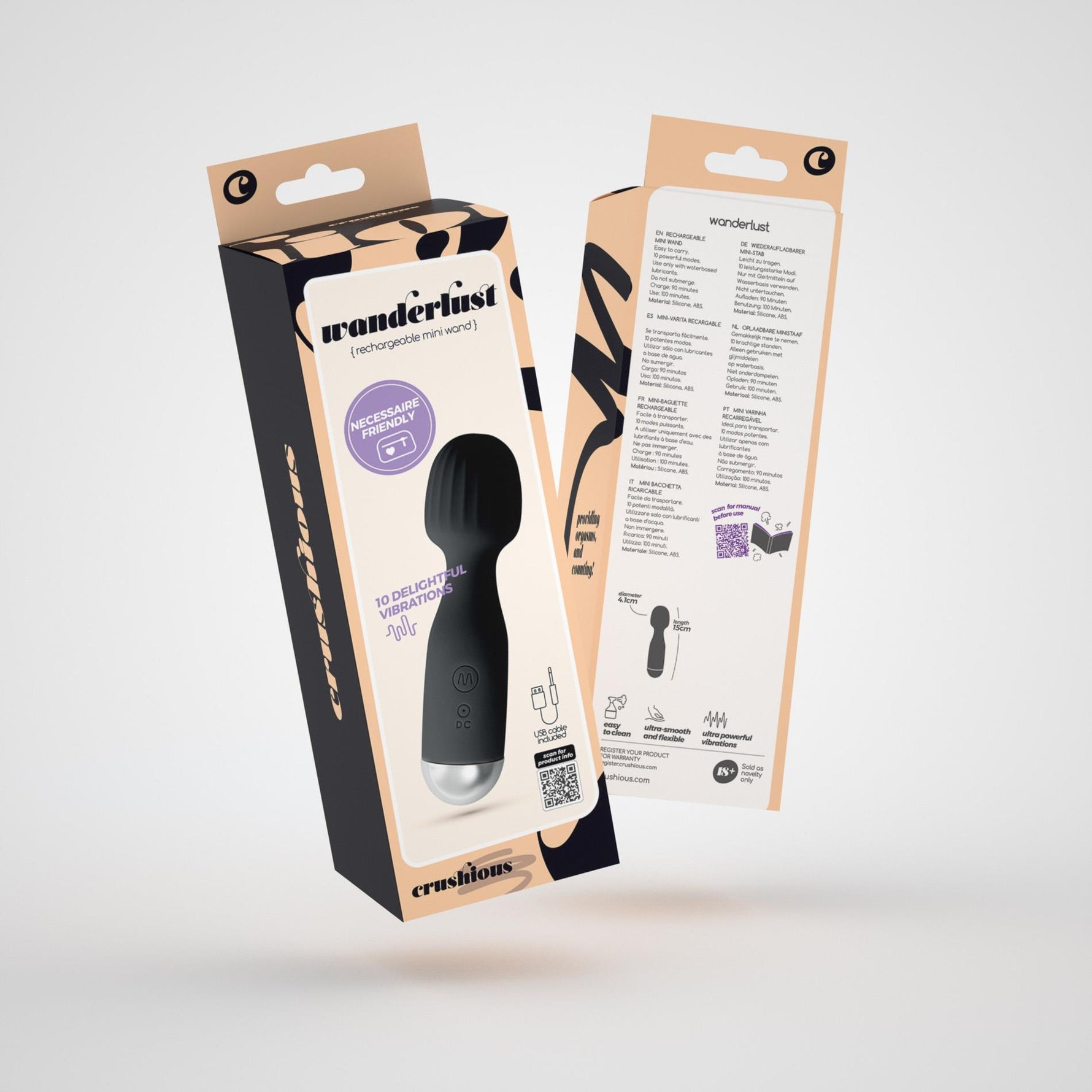 Vibrator mini Crushious Wanderlust, cu USB, negru, 15 cm