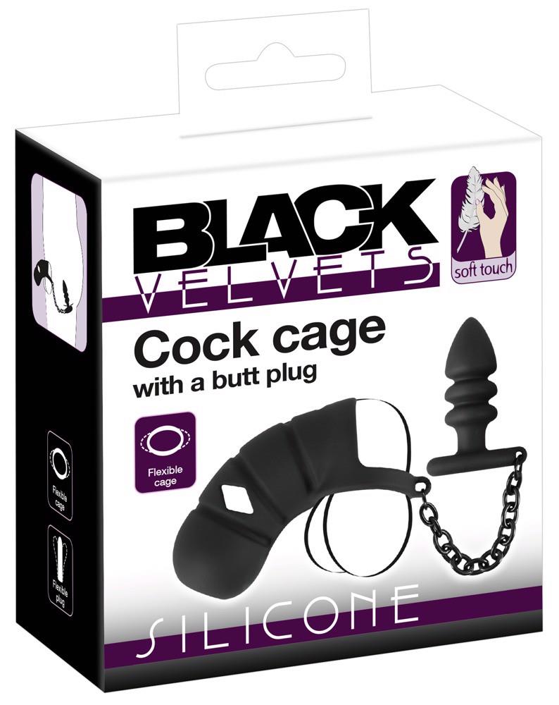 Cușcă pentru penis Black Velvets din silicon cu dop anal