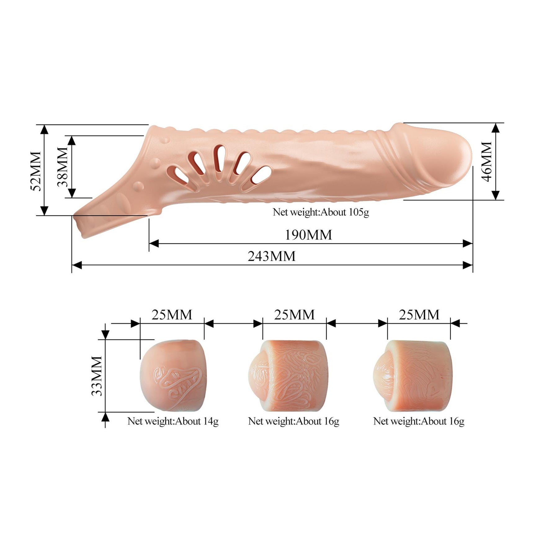 Pretty Love - Manșon pentru penis TPE cu 3 extensii detașabile 2,5 cm