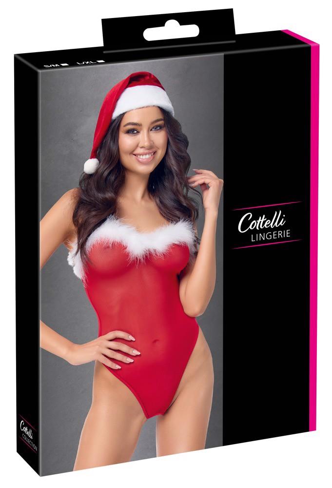 Body roșu Cottelli LINGERIE cu pene și pălărie, mărimea S/M