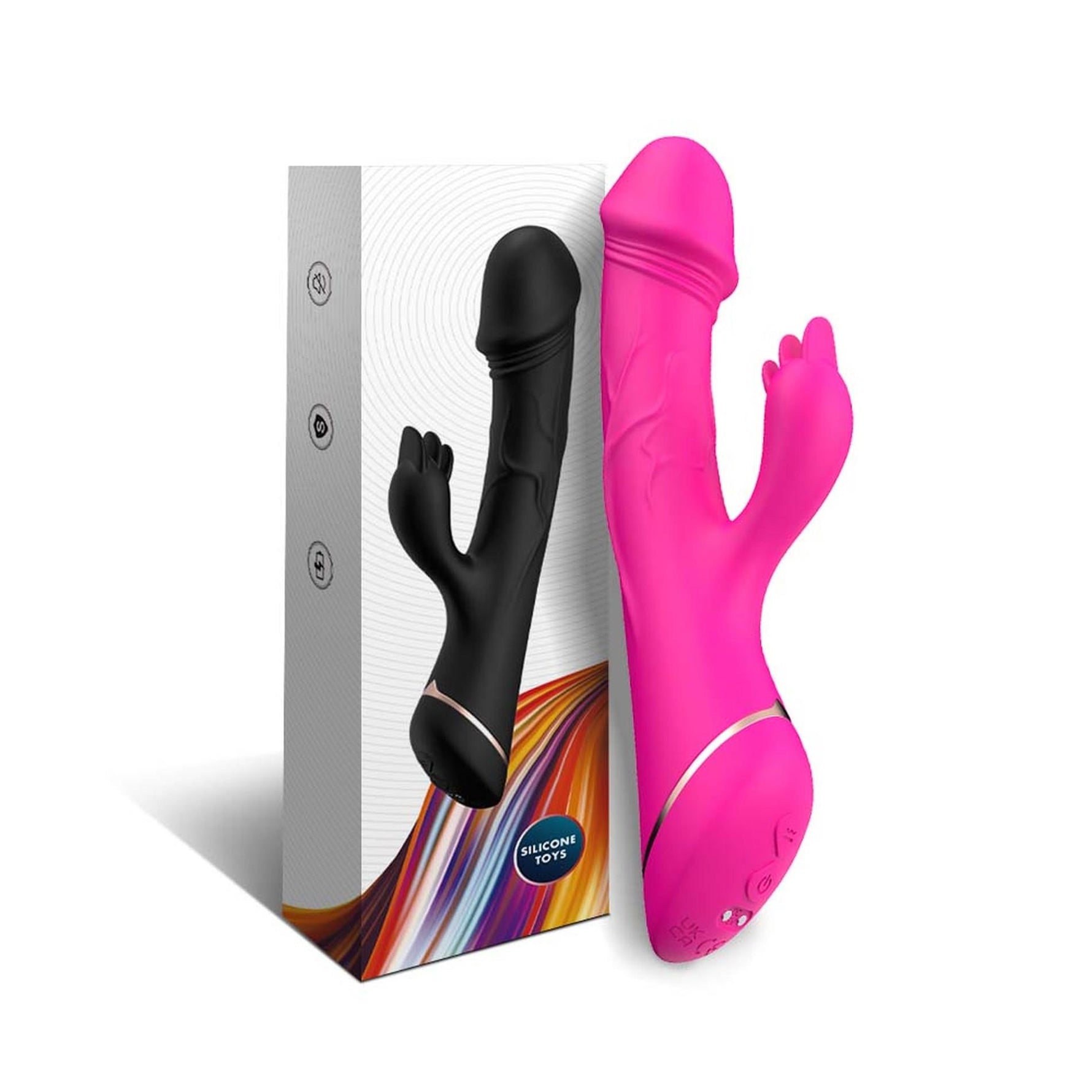 Vibrator iepure Rubberco, silicon, roz și roșu, 9 vibrații