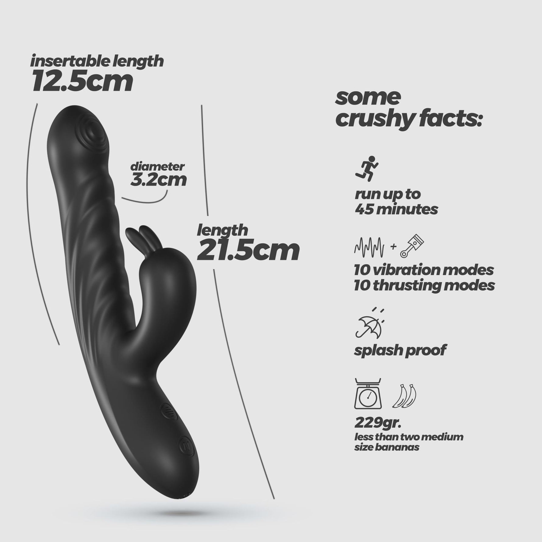 Vibrator Crushious Lapin din silicon, model iepuraș, negru, USB, 21,5 cm