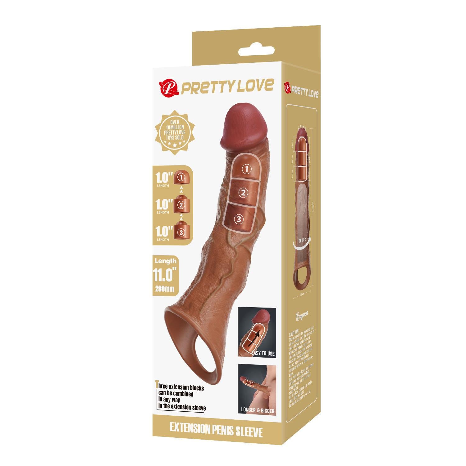 Prelungitor de penis Pretty Love cu pernuțe reglabile, maro, 28 cm