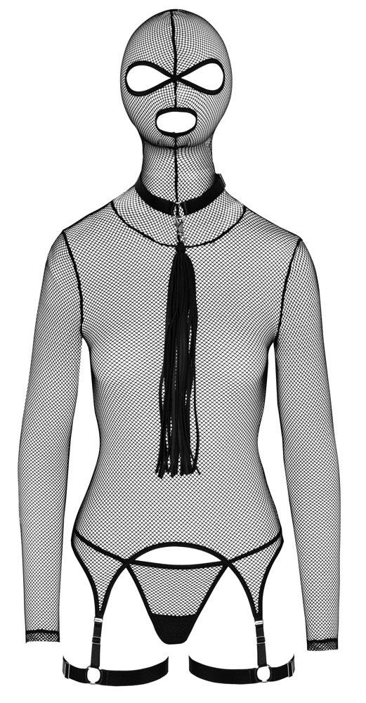 Set extravagant Bad Kitty din plasă cu mască și flogger XL negru
