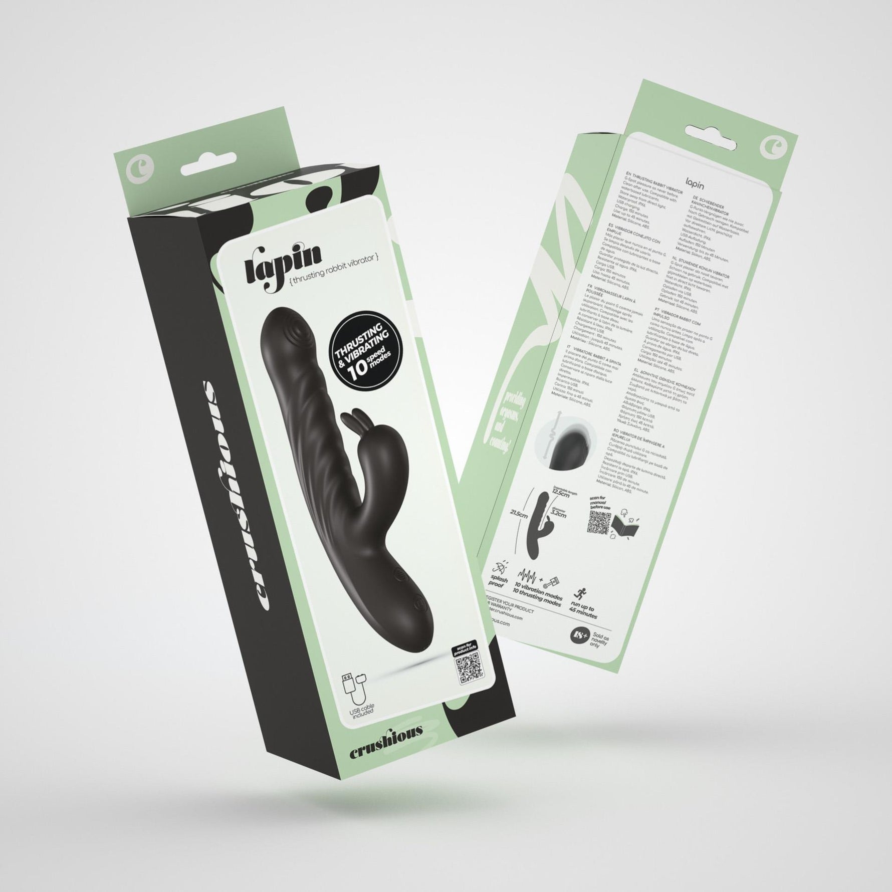 Vibrator Crushious Lapin din silicon, model iepuraș, negru, USB, 21,5 cm