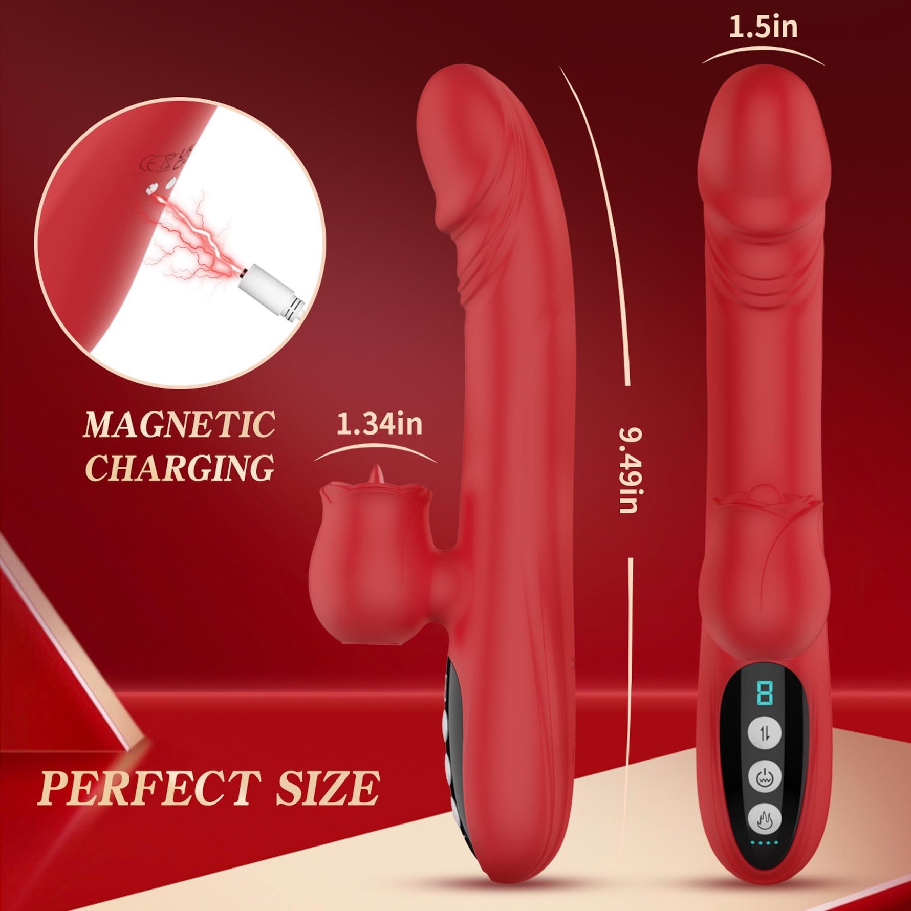 Vibrator de tip linge din silicon încălzit Fox seria B, roșu, 24 cm