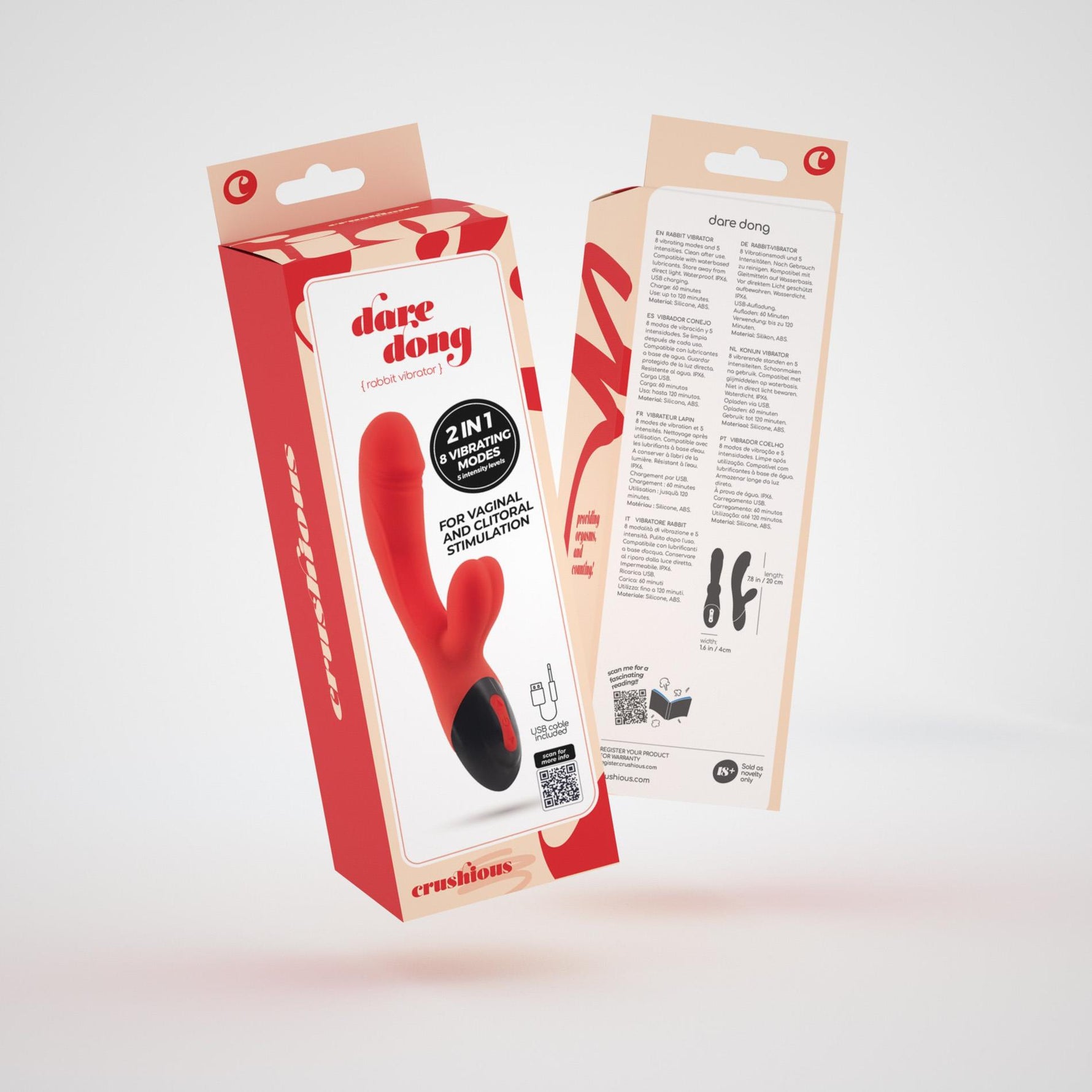 Vibrator USB Crushious Dare Dong din silicon, formă de iepuraș, 20 cm
