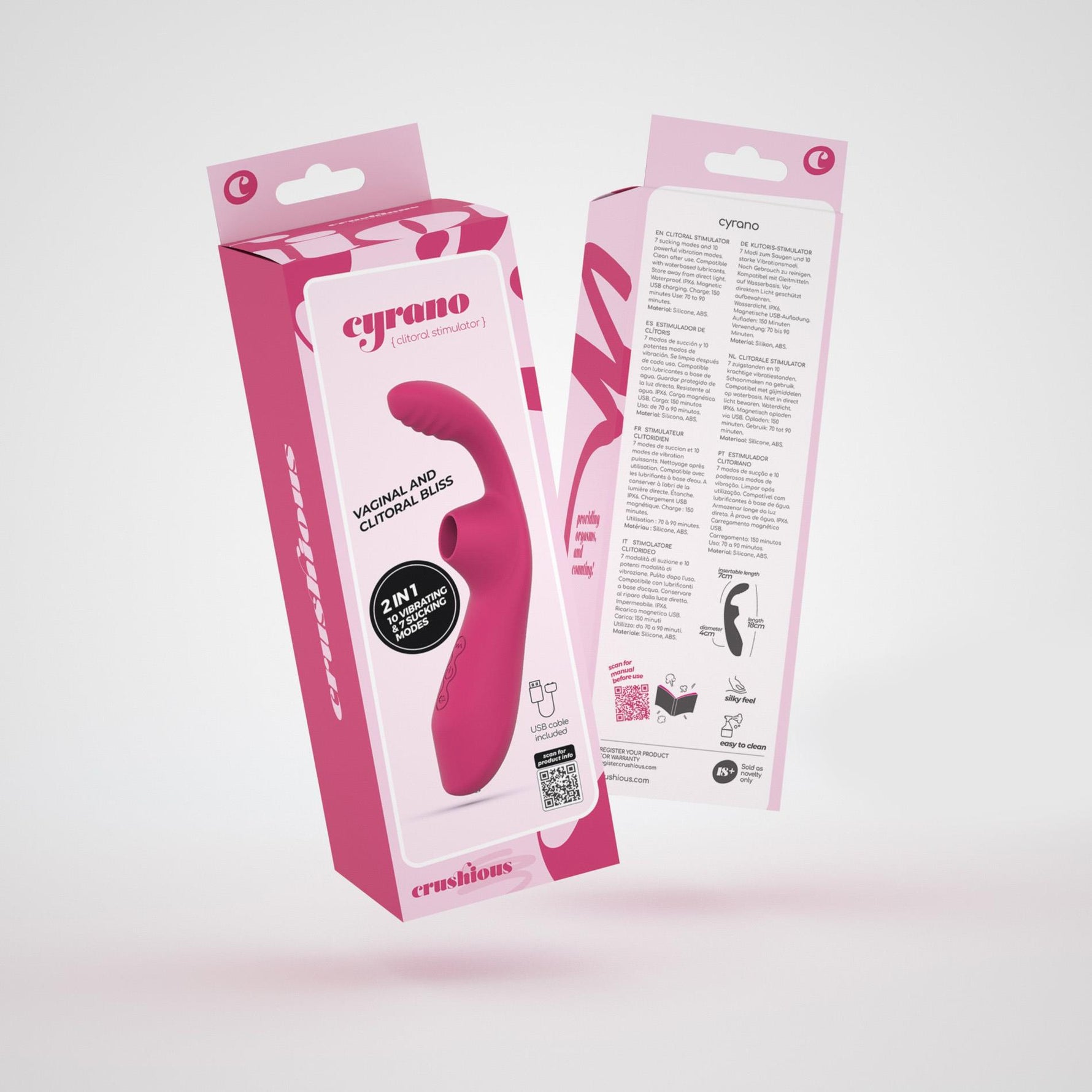 Vibrator Crushious Cyrano din silicon cu aspirație USB pentru punctul G, 18 cm