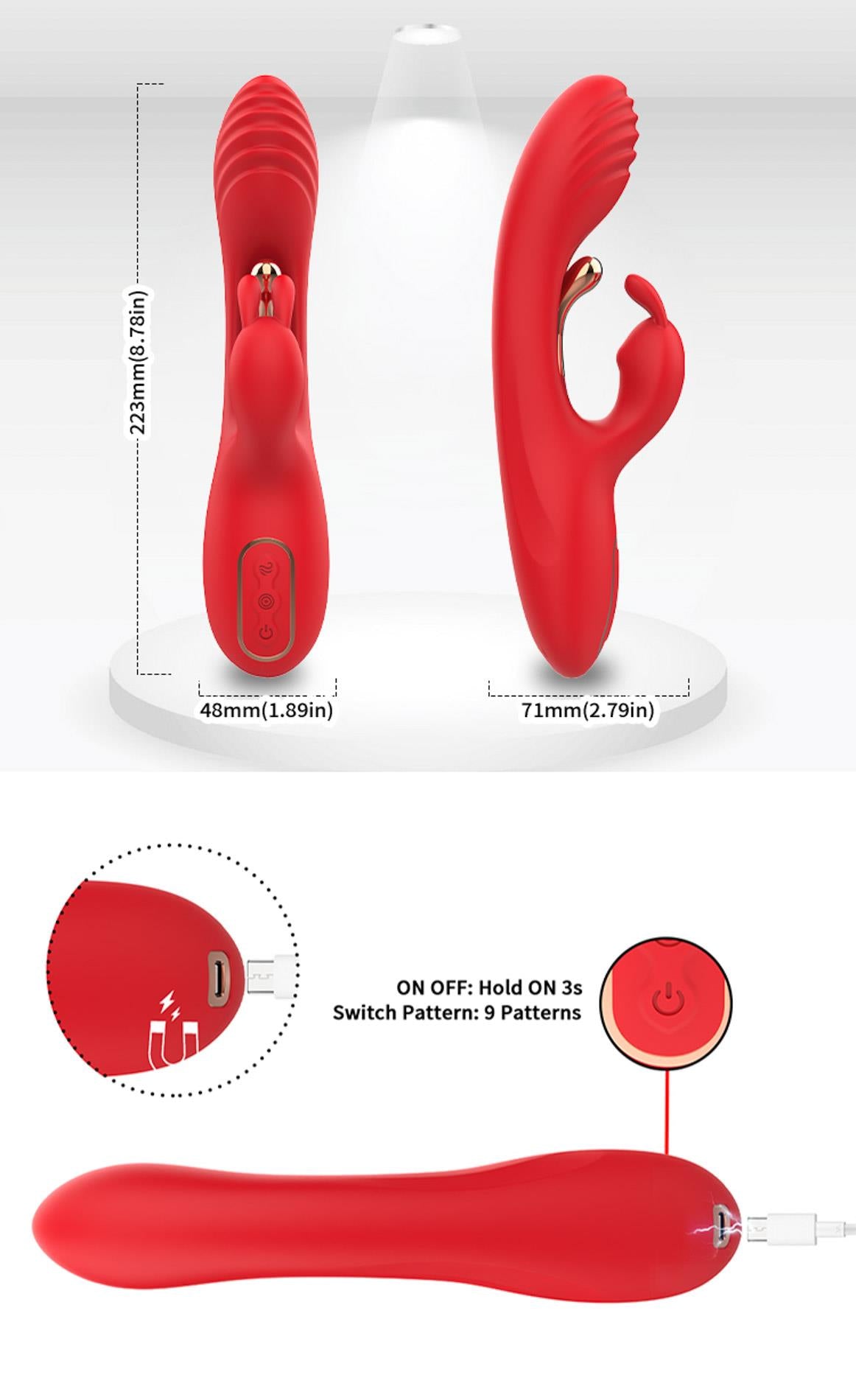 Vibrator Crazy Horse USB cu trei puncte, 22 cm, tip iepuraș roșu