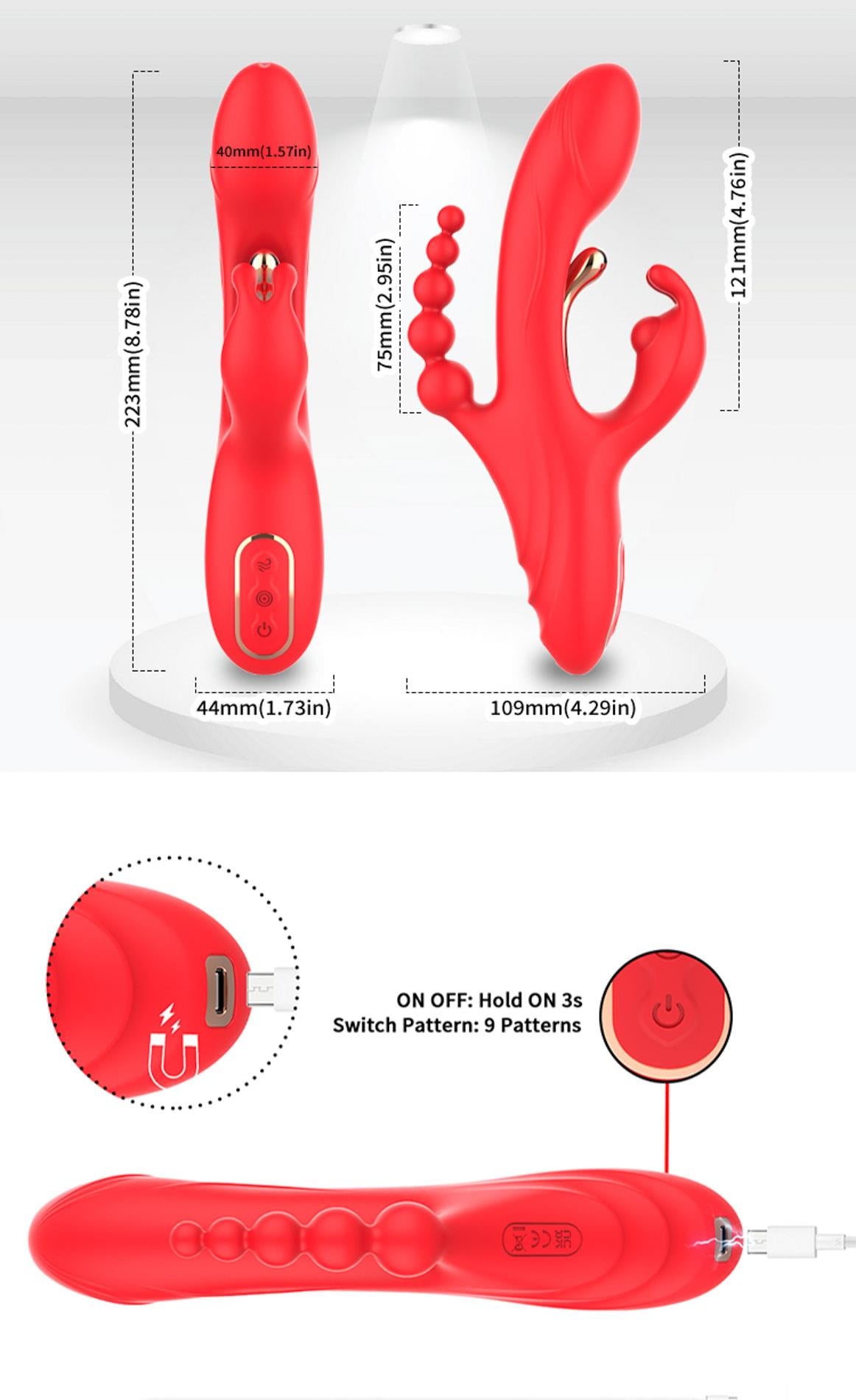 Vibrator Trident Iepuraș Roșu USB 22 cm