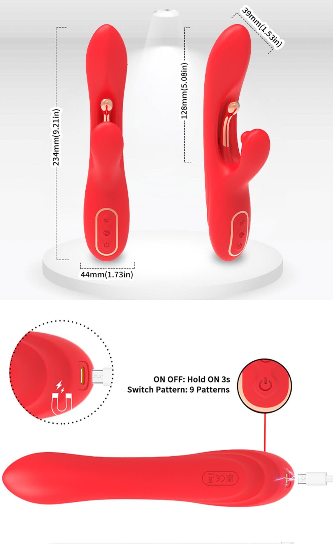 Vibrator Nirvana Iepuraș Roșu cu Trei Puncte din Silicon, USB, 22 cm