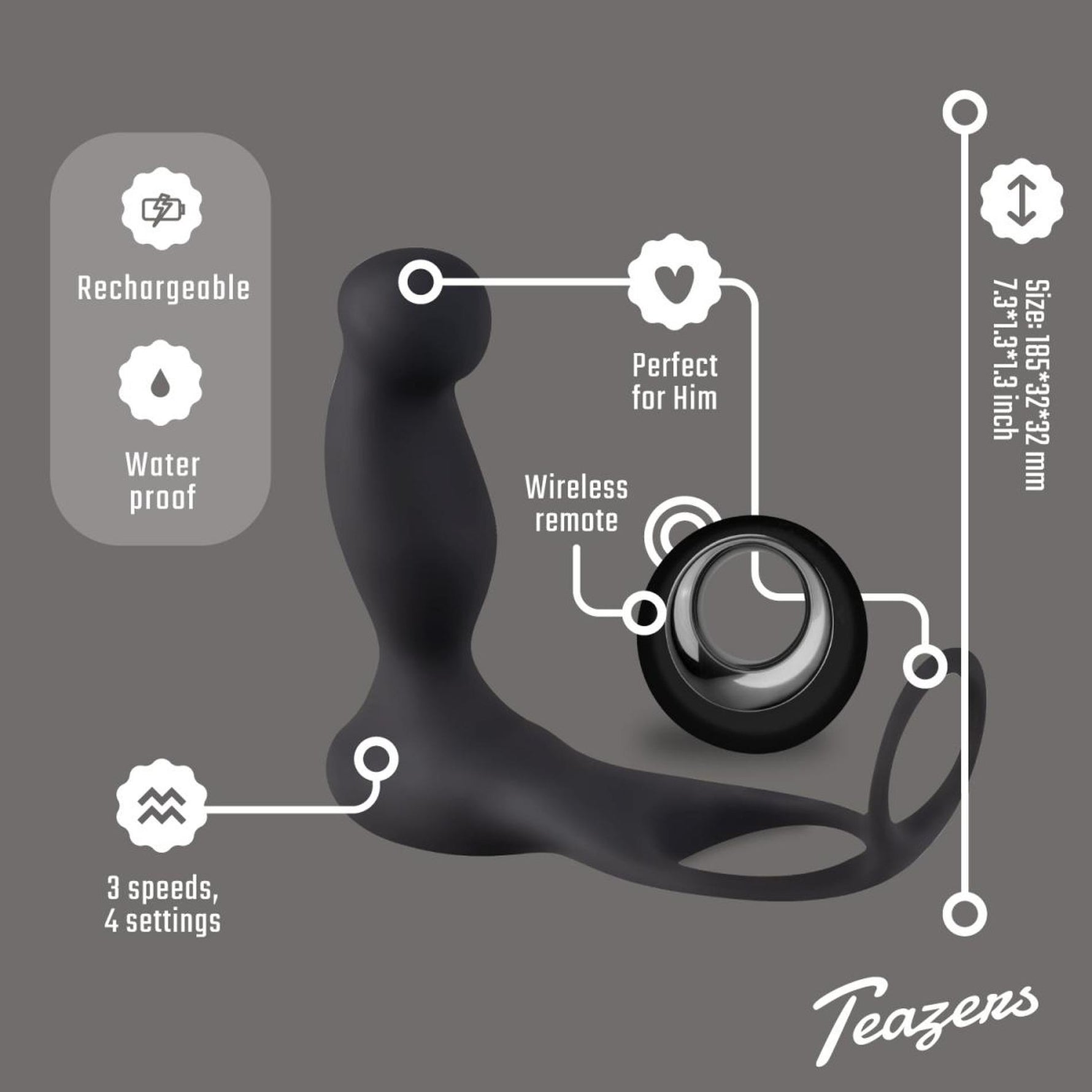 Masaj de prostată Teazers cu inel, telecomandă USB