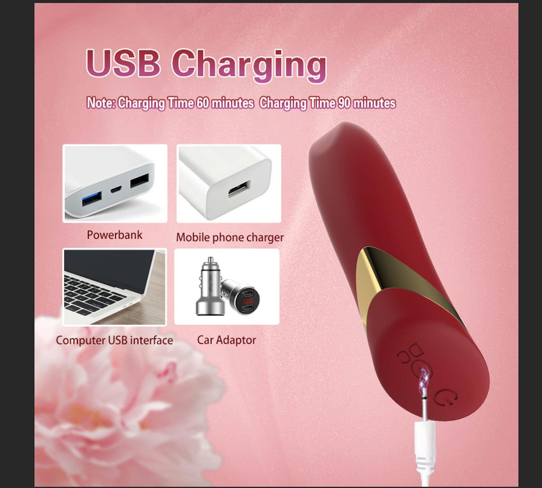 Vibrator USB drăguț din silicon roșu de 10 cm, seria B