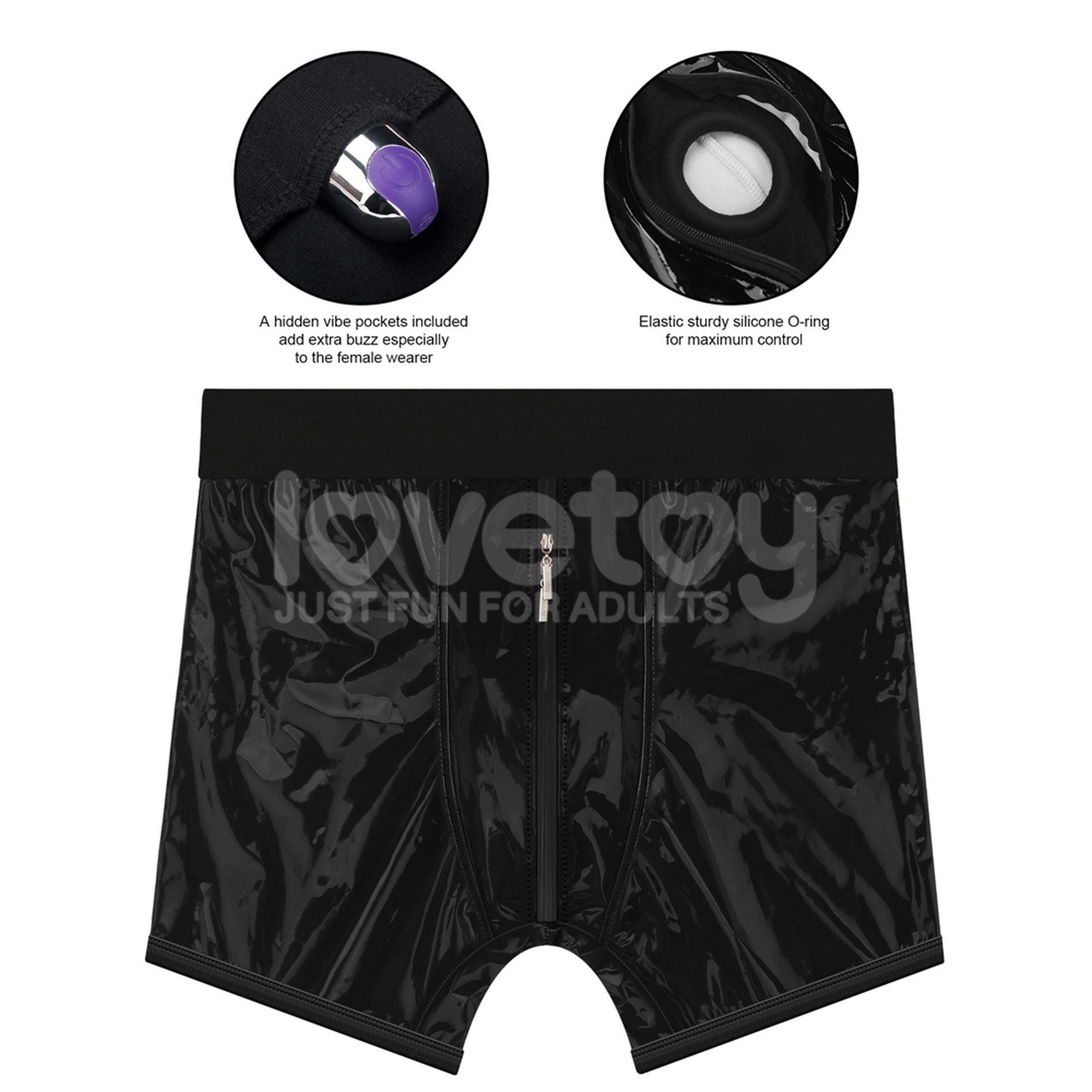 Pantaloni scurți Chic Lovetoy cu strap-on negri, talie 81-89 cm