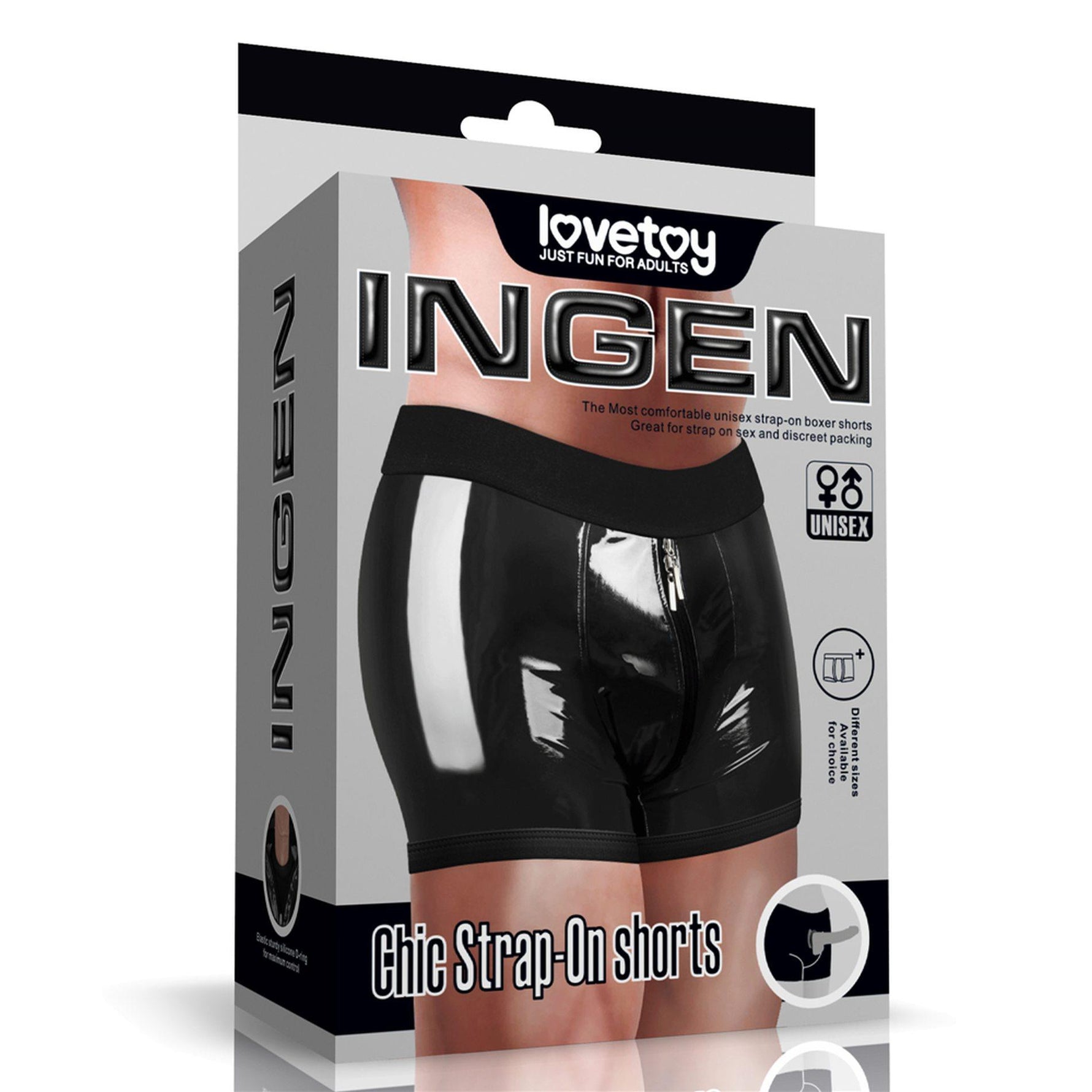 Pantaloni scurți Chic Lovetoy cu strap-on negri, talie 81-89 cm