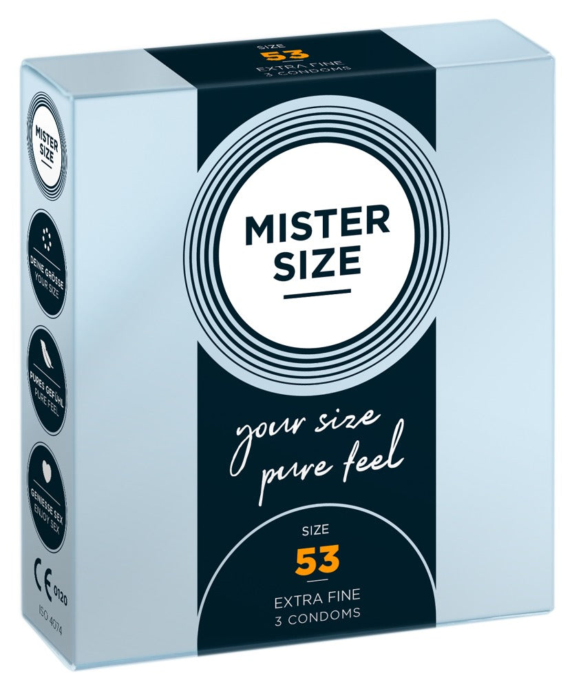 Prezervative Mister Size subțiri transparente 53 mm vegane 3 buc