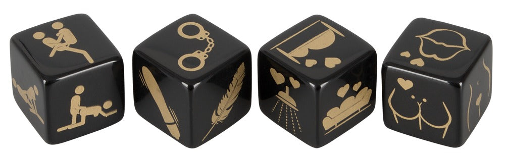 Set de 4 zaruri erotice negre cu imprimeu auriu