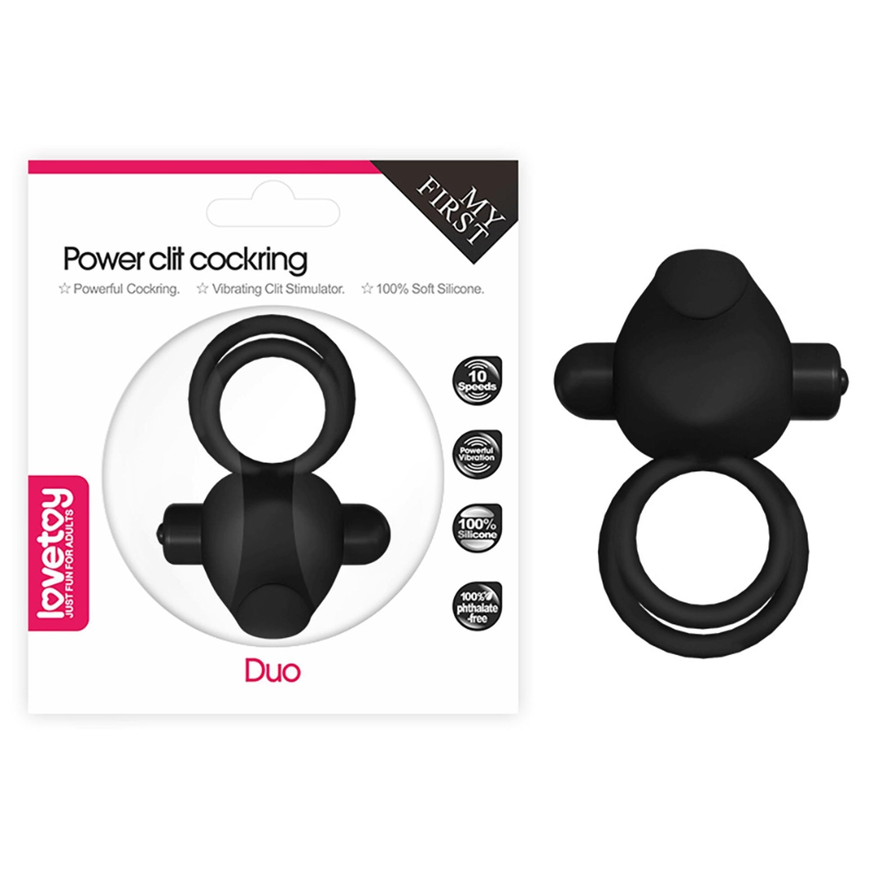 Inel vibrant pentru penis Lovetoy din silicon cu 10 viteze, negru