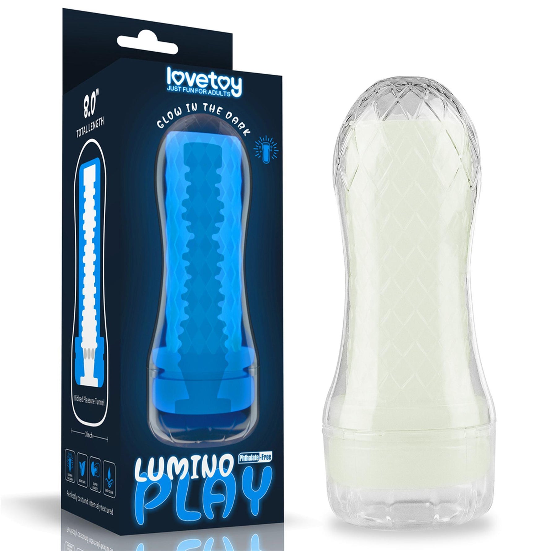 Masturbator cu nervuri Lumino Play Lovetoy, alb strălucitor, 20 cm