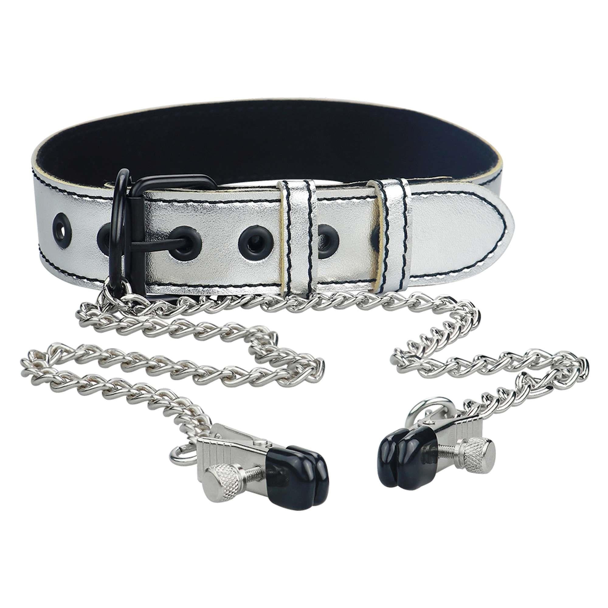 Zgardă BDSM Lovetoy argintie cu cleme pentru mameloane